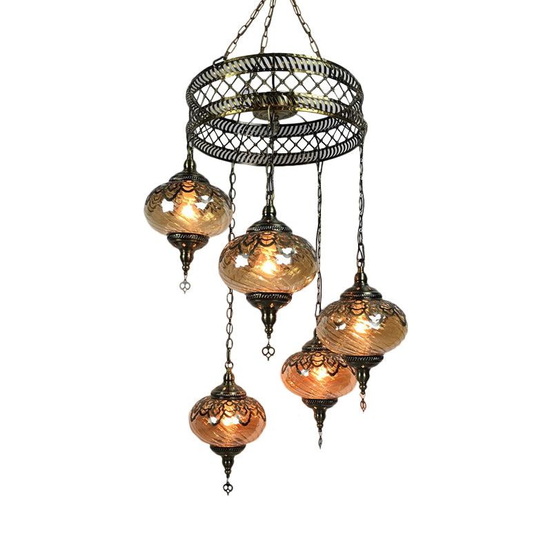 3/5 Heads Amber Swirl Glass Pendant Light Traditional Bronze Oval Living Room Chandelier - Rebooters