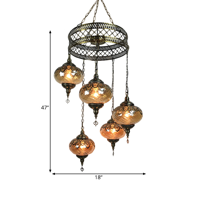 3/5 Heads Amber Swirl Glass Pendant Light Traditional Bronze Oval Living Room Chandelier - Rebooters