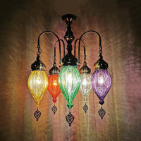 5 Heads Gourd Chandelier Light Traditional Red Yellow Green Ribbed Glass Hanging Light Kit - Rebooters