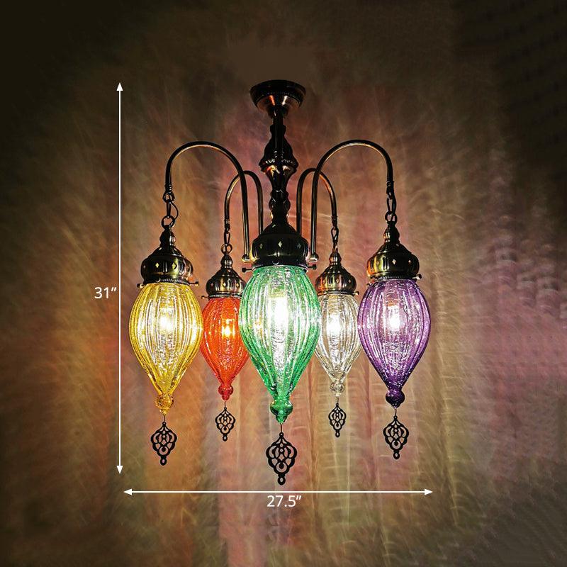 5 Heads Gourd Chandelier Light Traditional Red Yellow Green Ribbed Glass Hanging Light Kit - Rebooters