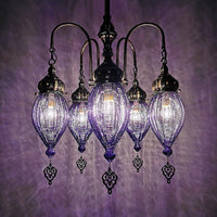 5 Heads Gourd Chandelier Light Traditional Red Yellow Green Ribbed Glass Hanging Light Kit - Rebooters