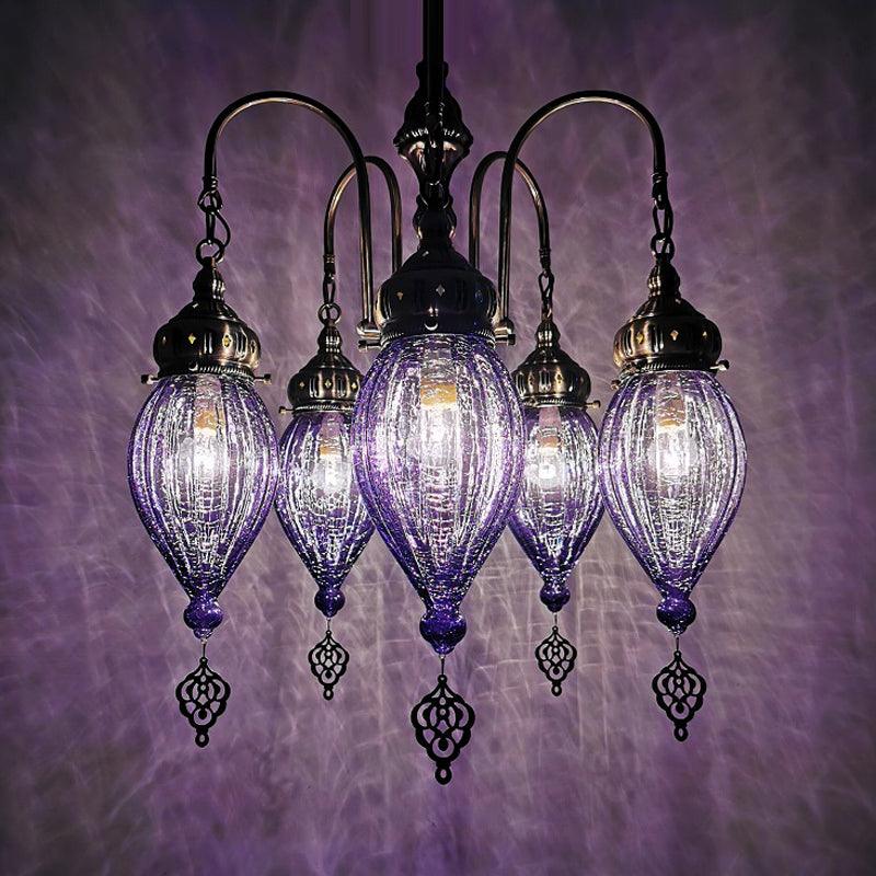 5 Heads Gourd Chandelier Light Traditional Red Yellow Green Ribbed Glass Hanging Light Kit - Rebooters