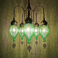 5 Heads Gourd Chandelier Light Traditional Red Yellow Green Ribbed Glass Hanging Light Kit - Rebooters