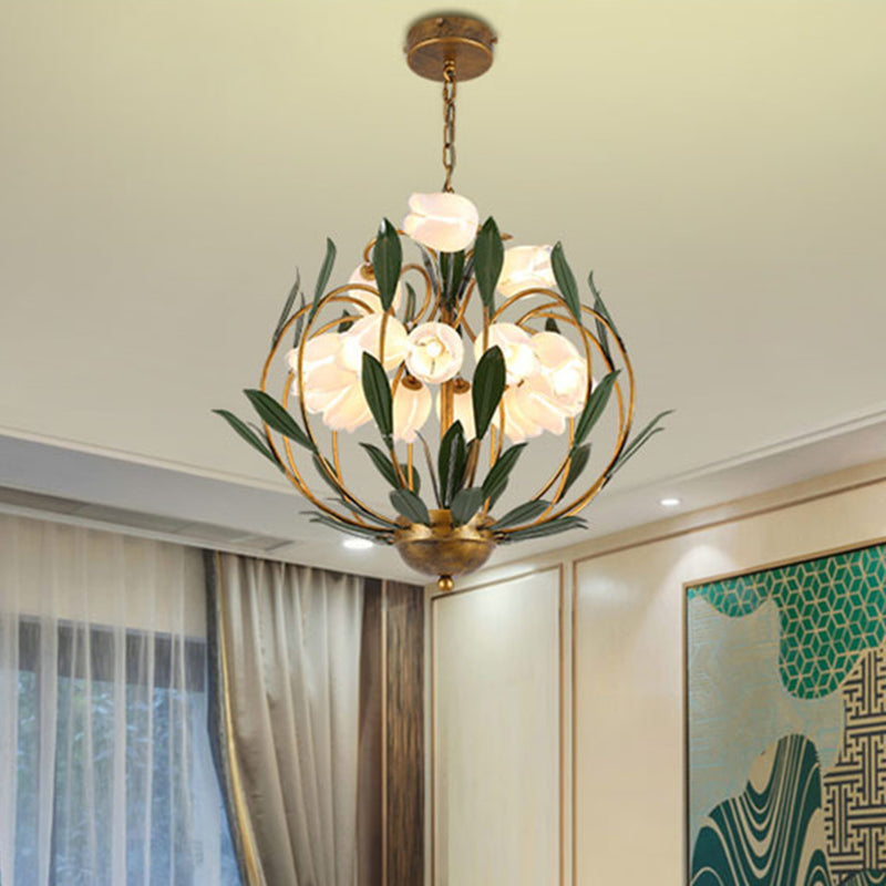 Floral Living Room Chandelier Lighting Countryside Metal 15-Bulb Brass LED Pendant - Rebooters