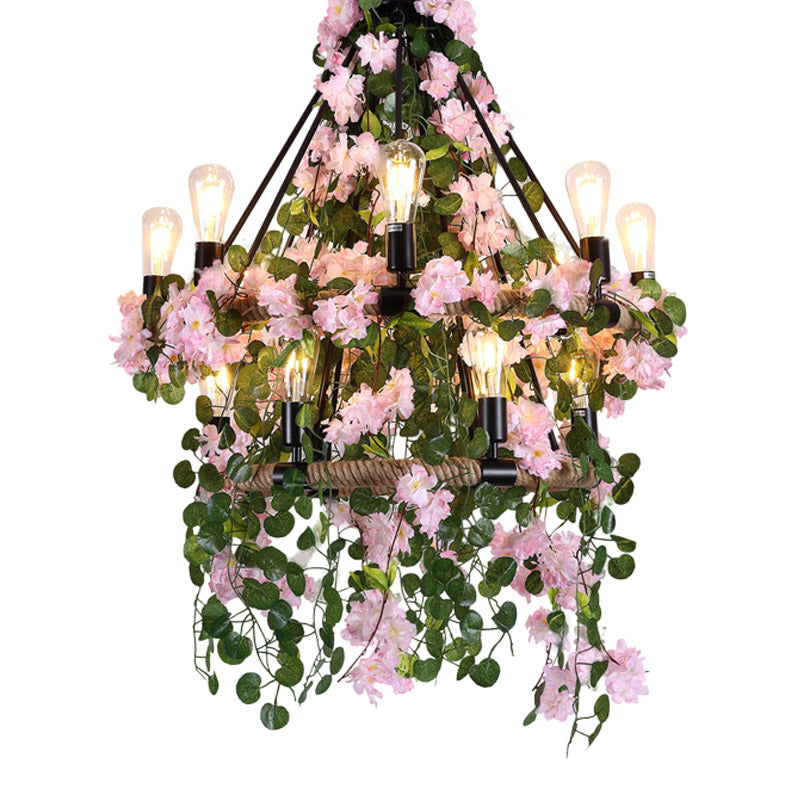 Industrial 2 Layers Ceiling Chandelier 14 Bulbs Metal LED Flower Hanging Light Fixture in Pink - Rebooters