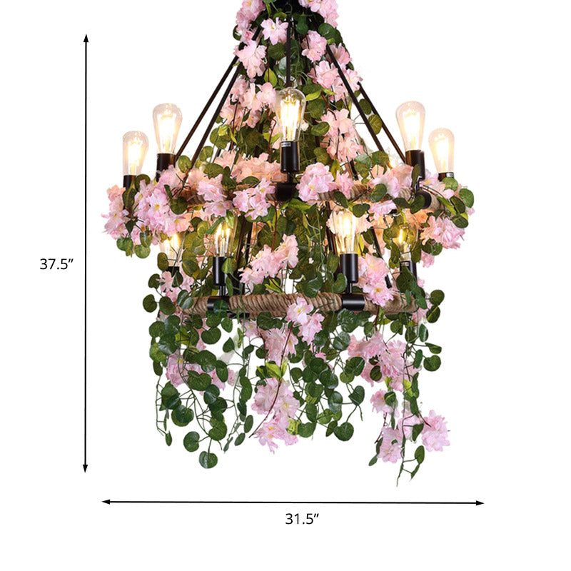 Industrial 2 Layers Ceiling Chandelier 14 Bulbs Metal LED Flower Hanging Light Fixture in Pink - Rebooters