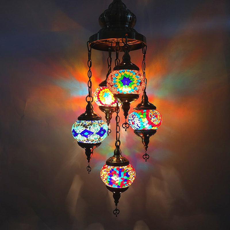 5 Heads Cut Glass Chandelier Pendant Light Traditional Red Orange Blue Oval Living Room - Rebooters