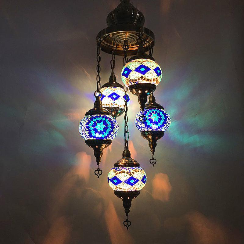5 Heads Cut Glass Chandelier Pendant Light Traditional Red Orange Blue Oval Living Room - Rebooters