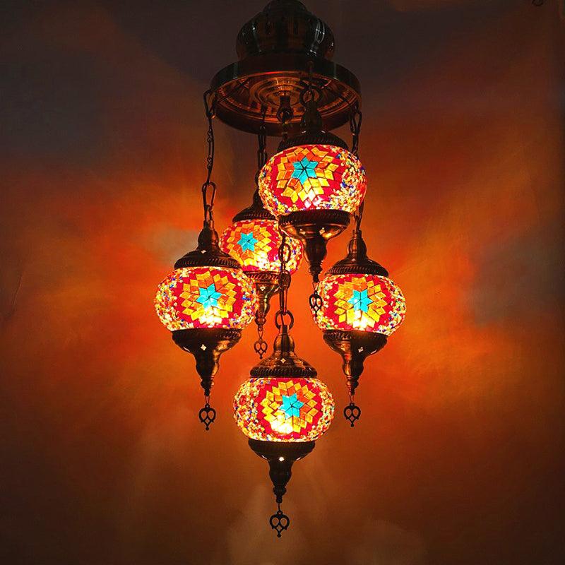 5 Heads Cut Glass Chandelier Pendant Light Traditional Red Orange Blue Oval Living Room - Rebooters