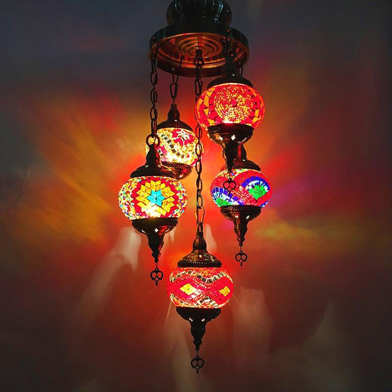 5 Heads Cut Glass Chandelier Pendant Light Traditional Red Orange Blue Oval Living Room - Rebooters