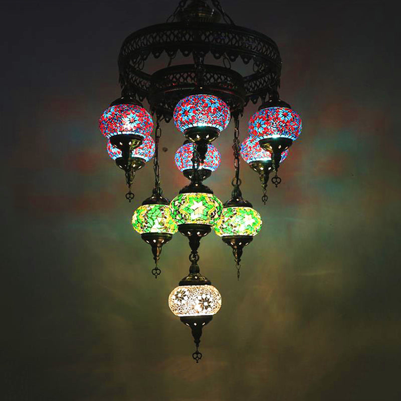 10 Heads Oval Hanging Light Fixture Multicolored Stained Glass Chandelier Lamp - Rebooters