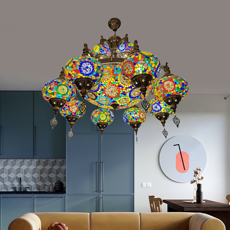 Traditional Oval Ceiling Pendant Light 16 Heads Stained Glass Chandelier - Rebooters