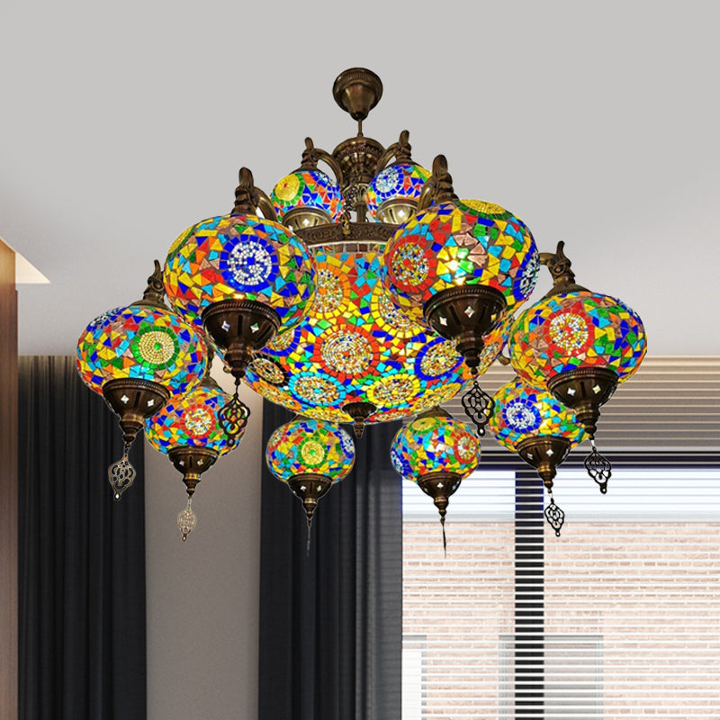 Traditional Oval Ceiling Pendant Light 16 Heads Stained Glass Chandelier - Rebooters