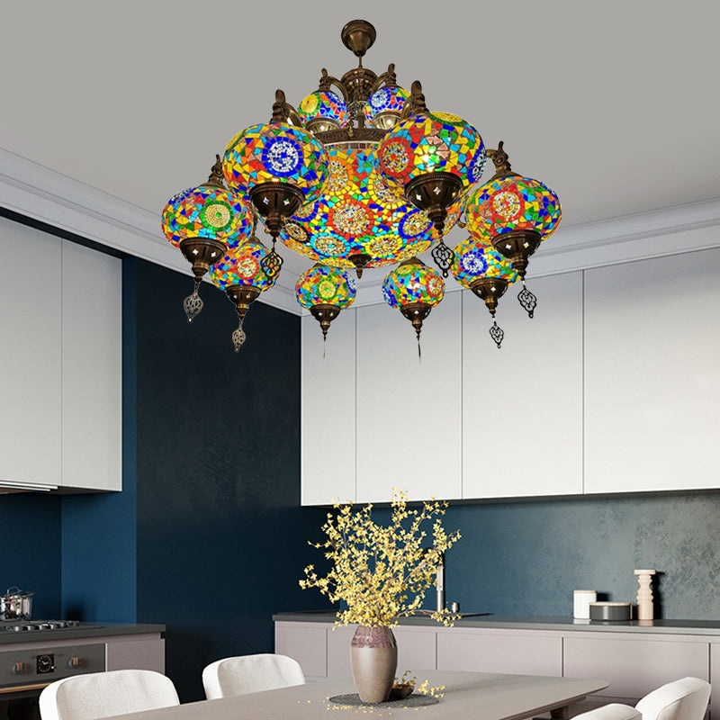 Traditional Oval Ceiling Pendant Light 16 Heads Stained Glass Chandelier - Rebooters