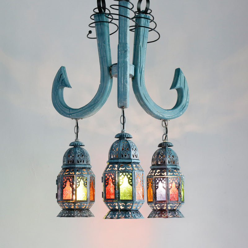 3 Lights Lantern Pendant Chandelier Mediterranean Blue Metal Hanging Lamp - Rebooters