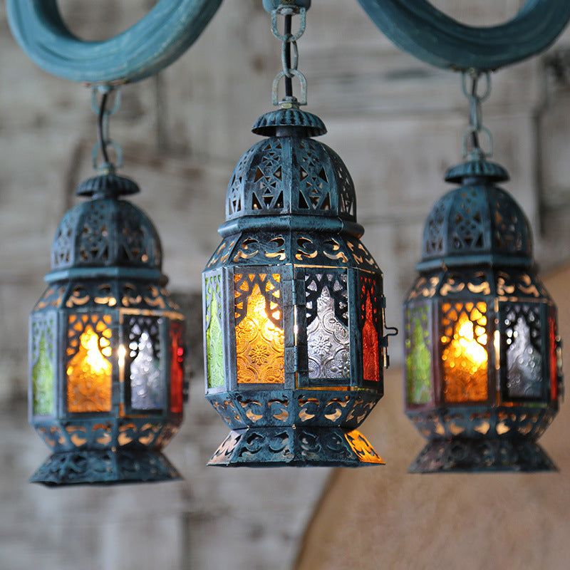 3 Lights Lantern Pendant Chandelier Mediterranean Blue Metal Hanging Lamp - Rebooters