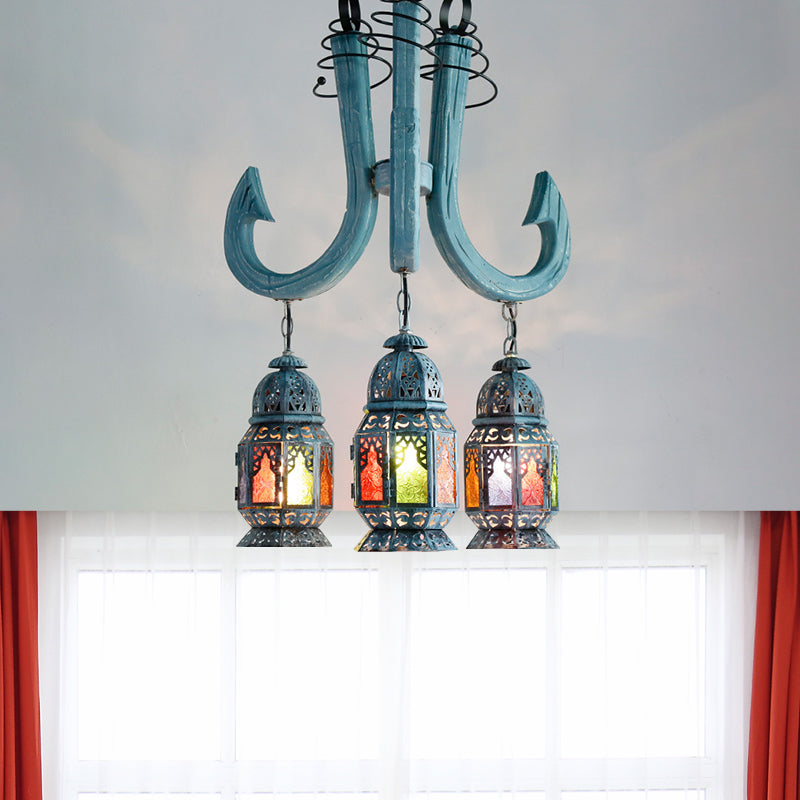 3 Lights Lantern Pendant Chandelier Mediterranean Blue Metal Hanging Lamp - Rebooters