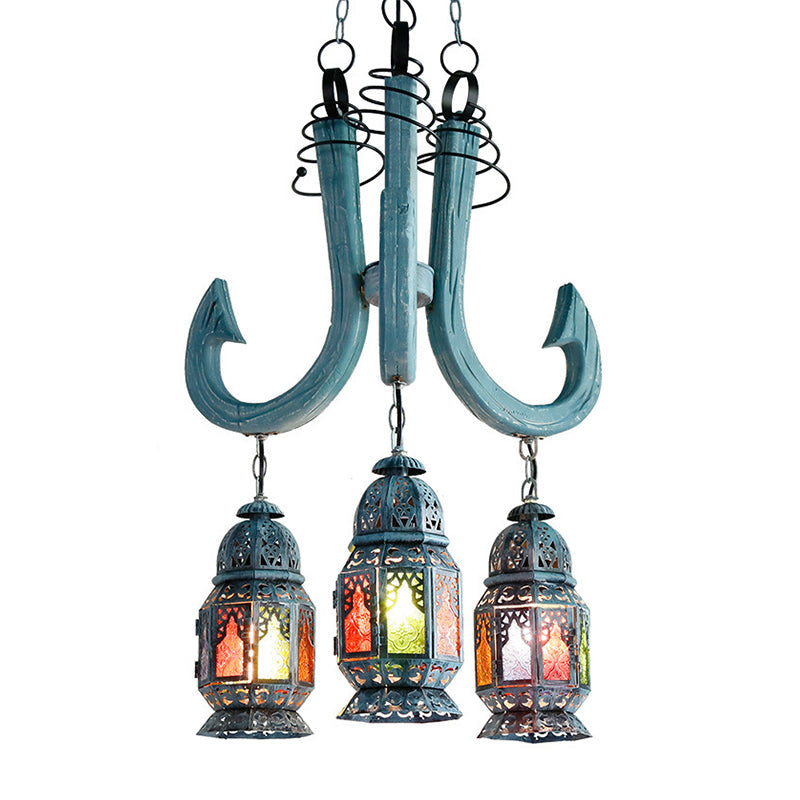 3 Lights Lantern Pendant Chandelier Mediterranean Blue Metal Hanging Lamp - Rebooters