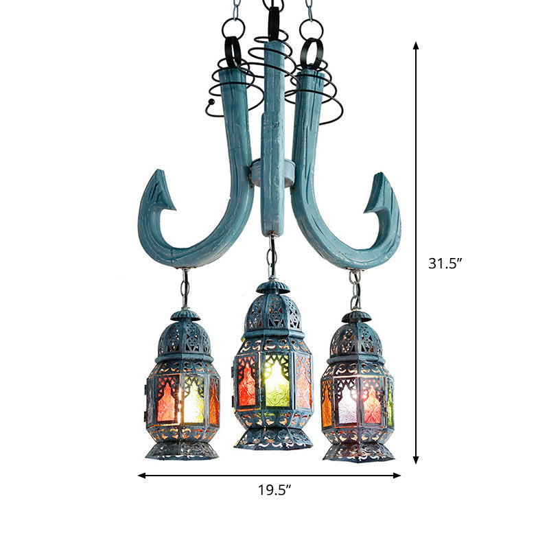 3 Lights Lantern Pendant Chandelier Mediterranean Blue Metal Hanging Lamp - Rebooters