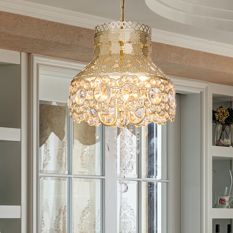 3 Lights Ceiling Chandelier Vintage Urn Shape Metal Pendant Lamp in Brass with Crystal Decoration - Rebooters