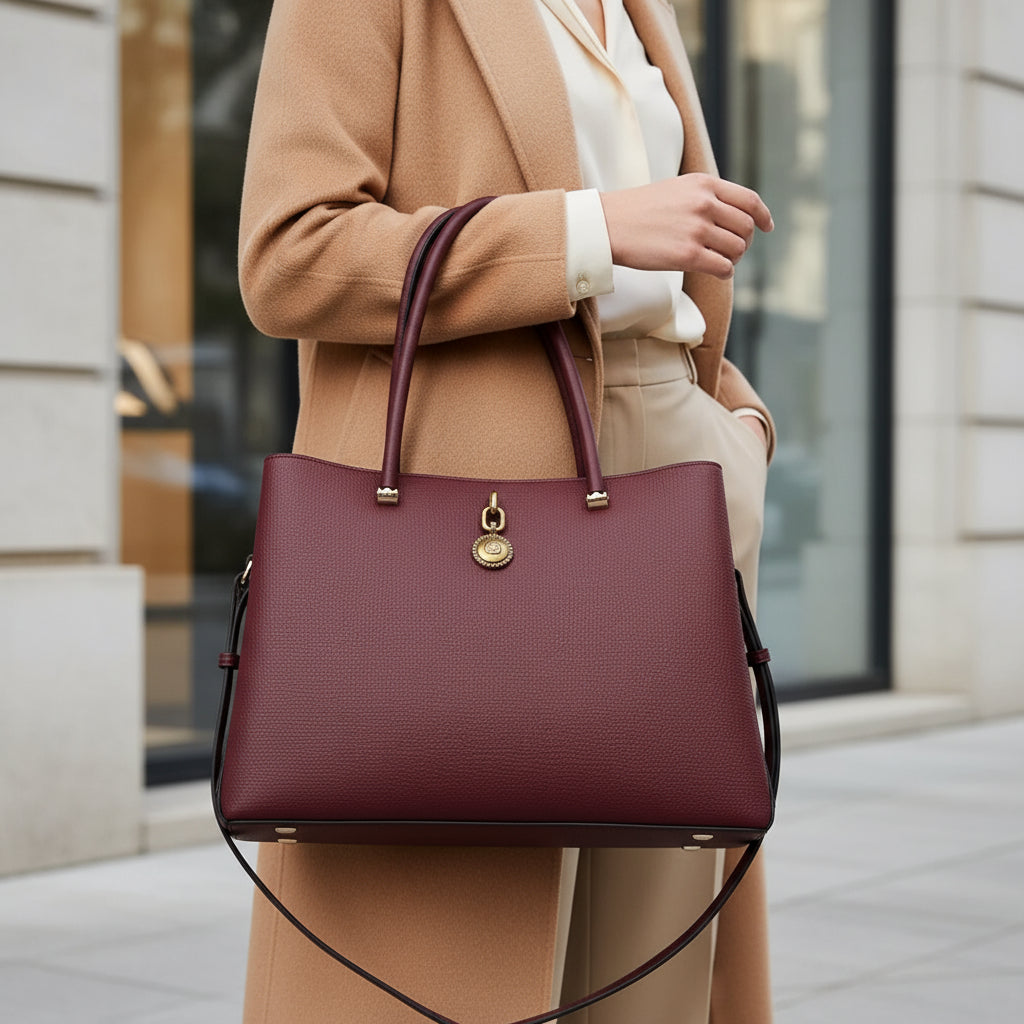Woman in beige coat carrying burgundy leather tote bag on city street