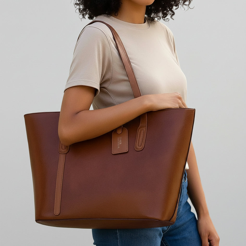 Woman carrying brown leather tote bag, casual outfit, minimal background
