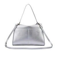 Sleek silver leather shoulder bag with adjustable strap on white background