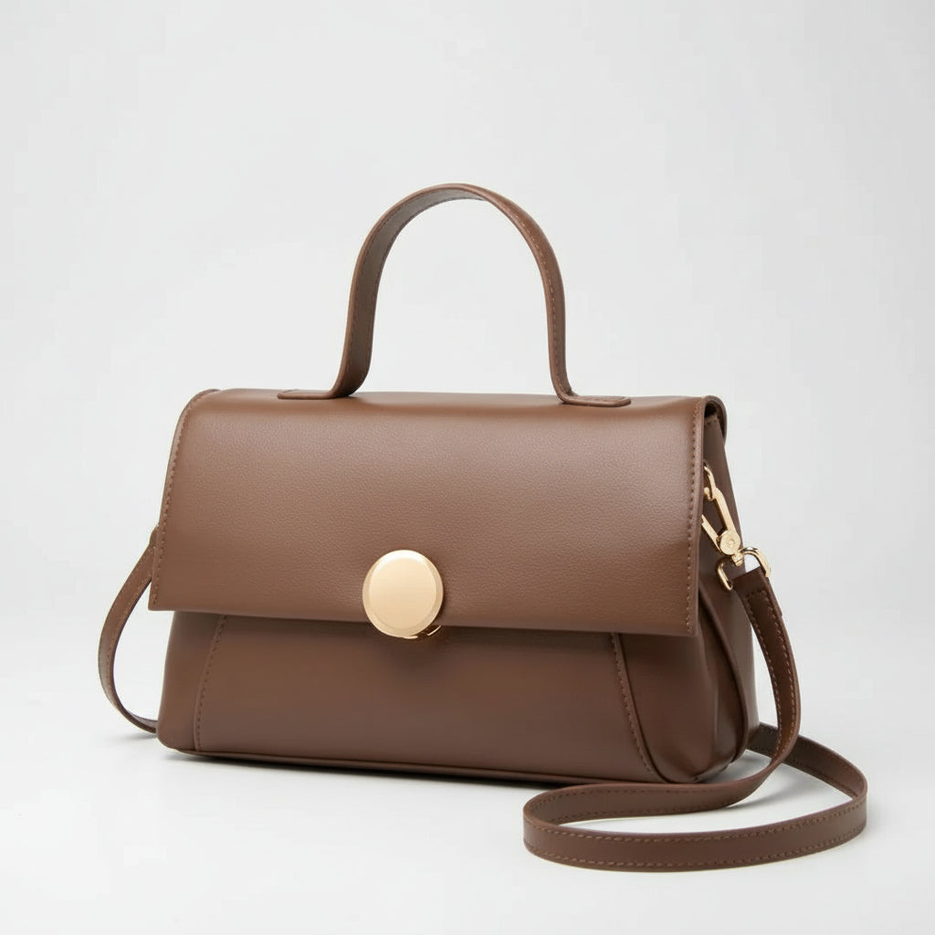 Brown leather handbag with top handle, gold clasp, and shoulder strap on white background