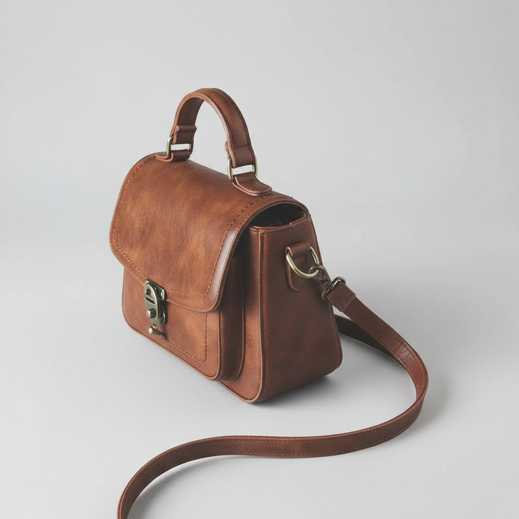 Brown leather satchel handbag with top handle and shoulder strap on white background