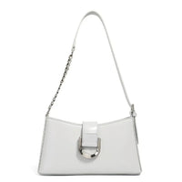 White leather shoulder bag with silver buckle and chain strap, minimalist purse