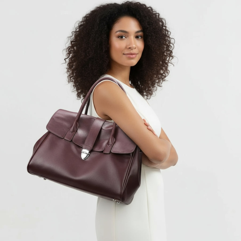 Woman in white dress carrying a large burgundy leather handbag on her shoulder