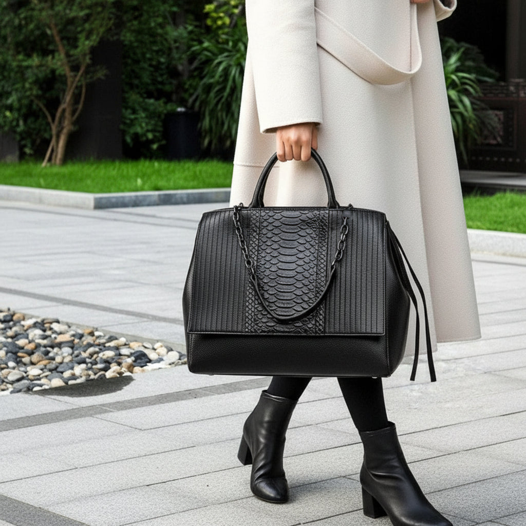 Woman in cream coat holding large black leather handbag with textured design, outdoor setting
