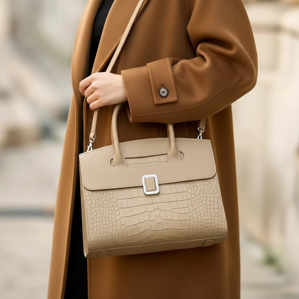 Woman in camel coat holding beige crocodile pattern leather handbag outdoors