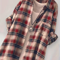 Plaid Button-Up Longline Shirt For Women - Cozy Style Rebooters Womens Shirts