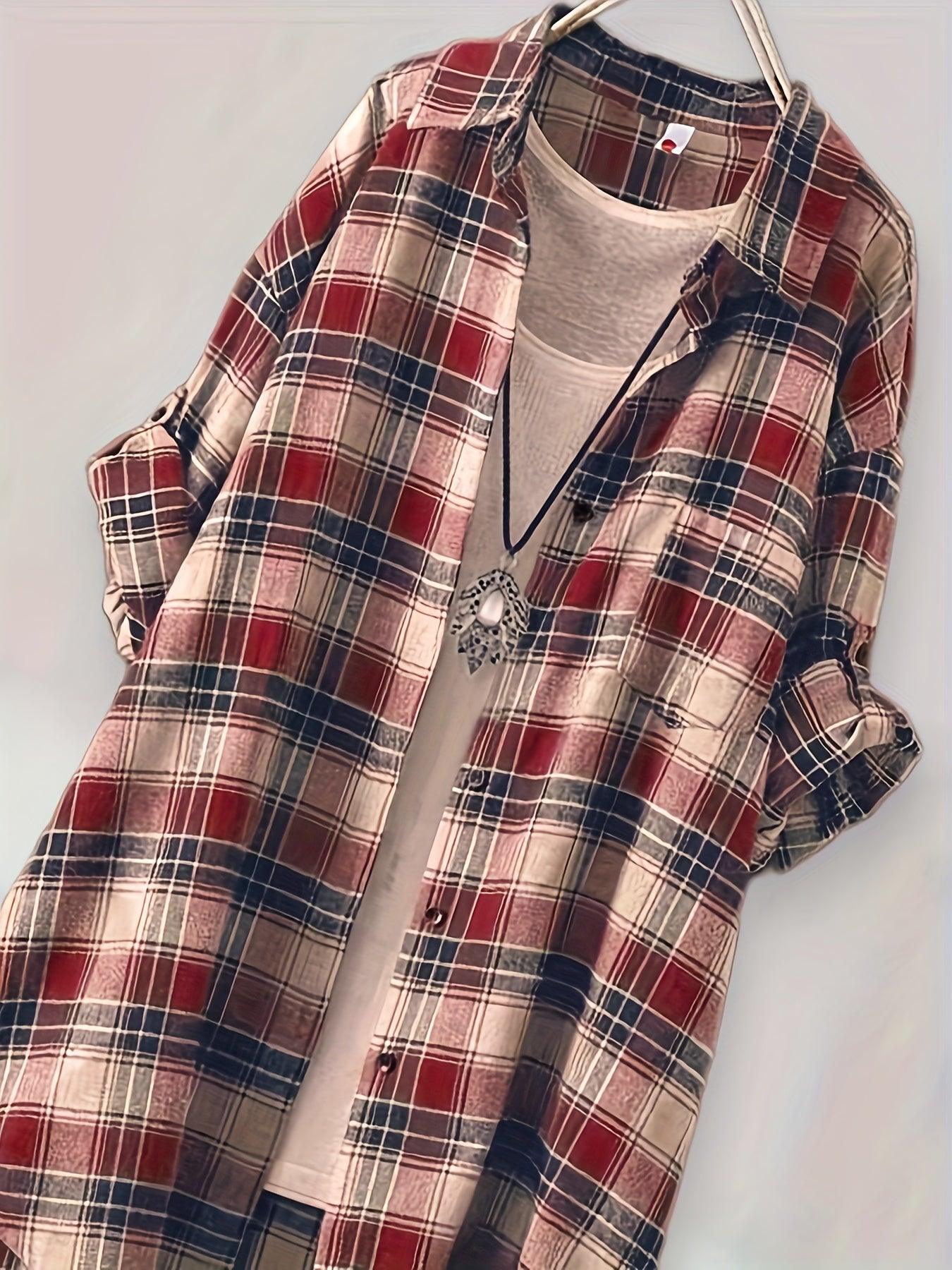Plaid Button-Up Longline Shirt For Women - Cozy Style Rebooters Womens Shirts