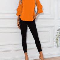 Ruffle Sleeve Blouse With Round Neckline For Women Rebooters Womens Shirts