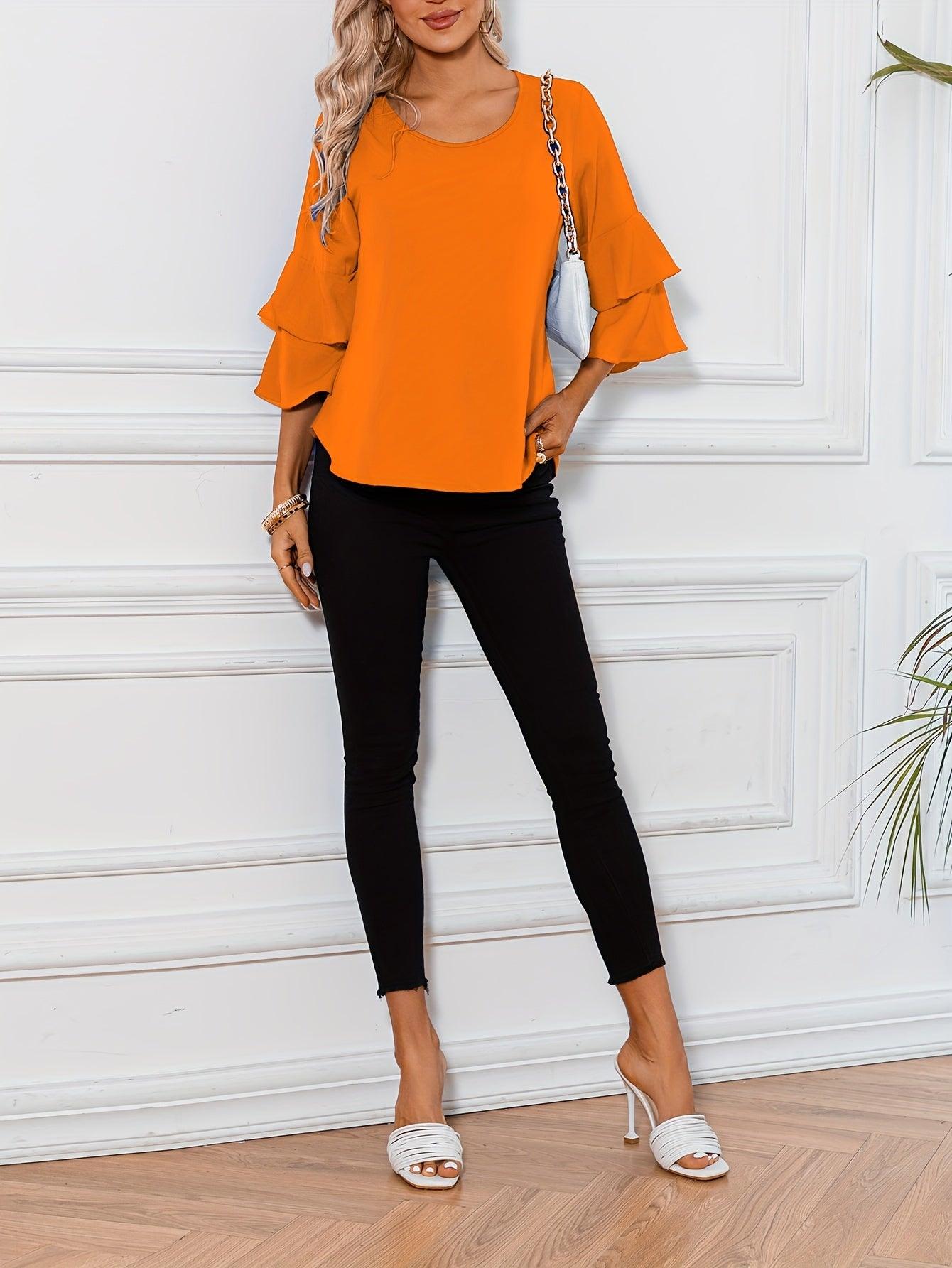 Ruffle Sleeve Blouse With Round Neckline For Women Rebooters Womens Shirts