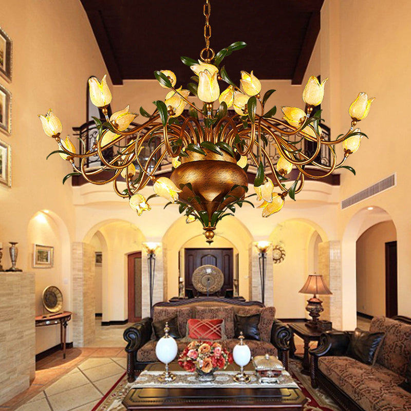 Pastoral Tulip Chandelier Lighting Fixture 12/20/30 Bulbs Metal LED Pendant Ceiling Light in Brass - Rebooters