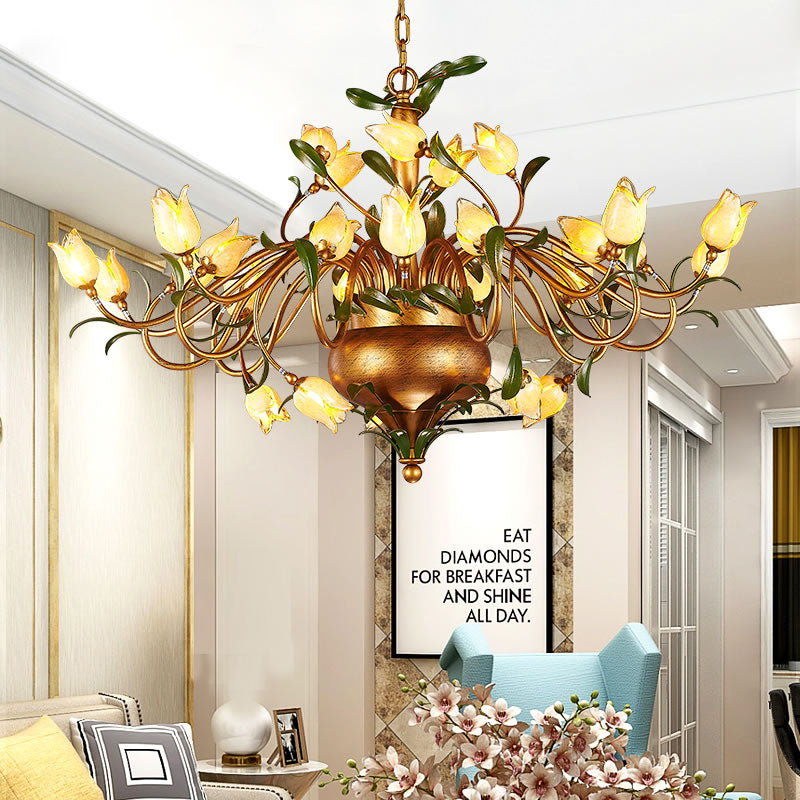 Pastoral Tulip Chandelier Lighting Fixture 12/20/30 Bulbs Metal LED Pendant Ceiling Light in Brass - Rebooters