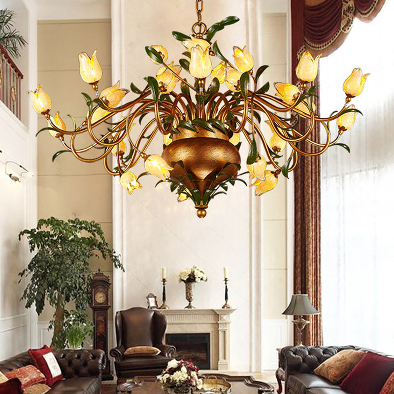Pastoral Tulip Chandelier Lighting Fixture 12/20/30 Bulbs Metal LED Pendant Ceiling Light in Brass - Rebooters