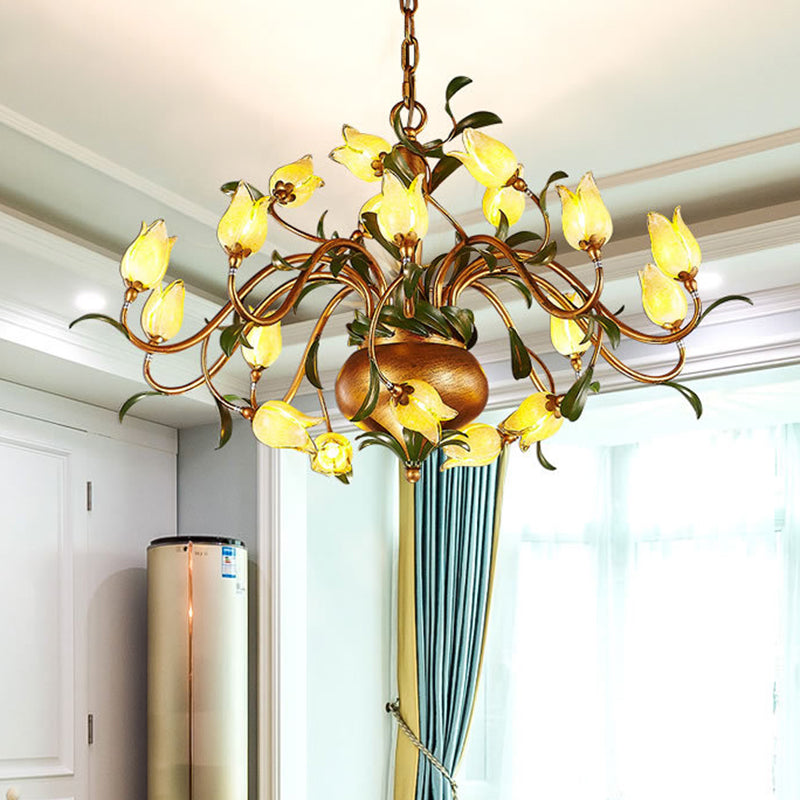 Pastoral Tulip Chandelier Lighting Fixture 12/20/30 Bulbs Metal LED Pendant Ceiling Light in Brass - Rebooters