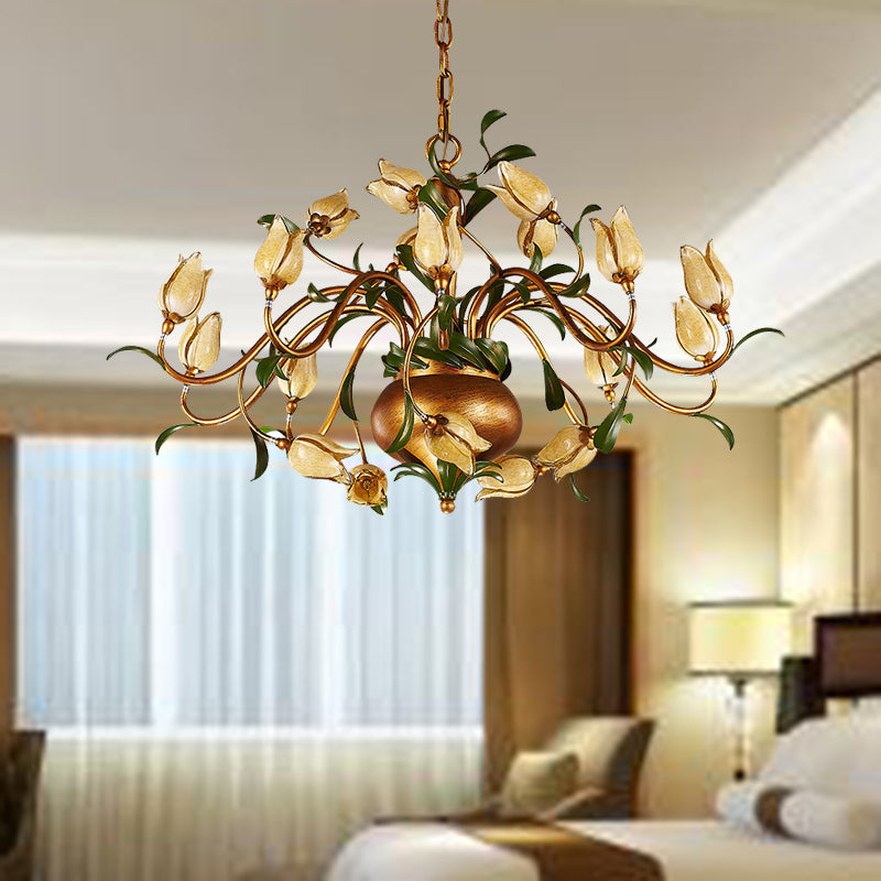 Pastoral Tulip Chandelier Lighting Fixture 12/20/30 Bulbs Metal LED Pendant Ceiling Light in Brass - Rebooters