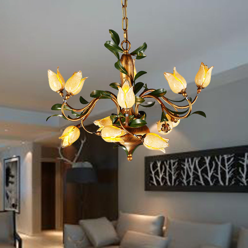Pastoral Tulip Chandelier Lighting Fixture 12/20/30 Bulbs Metal LED Pendant Ceiling Light in Brass - Rebooters