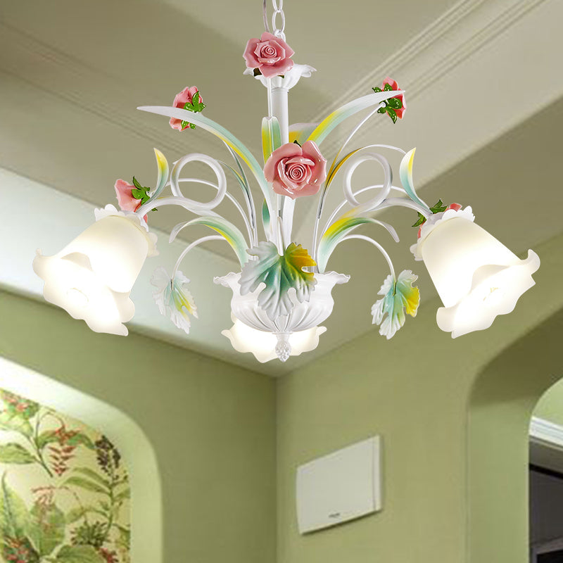 White Glass Rose Chandelier Light Countryside 3 Bulbs - Rebooters