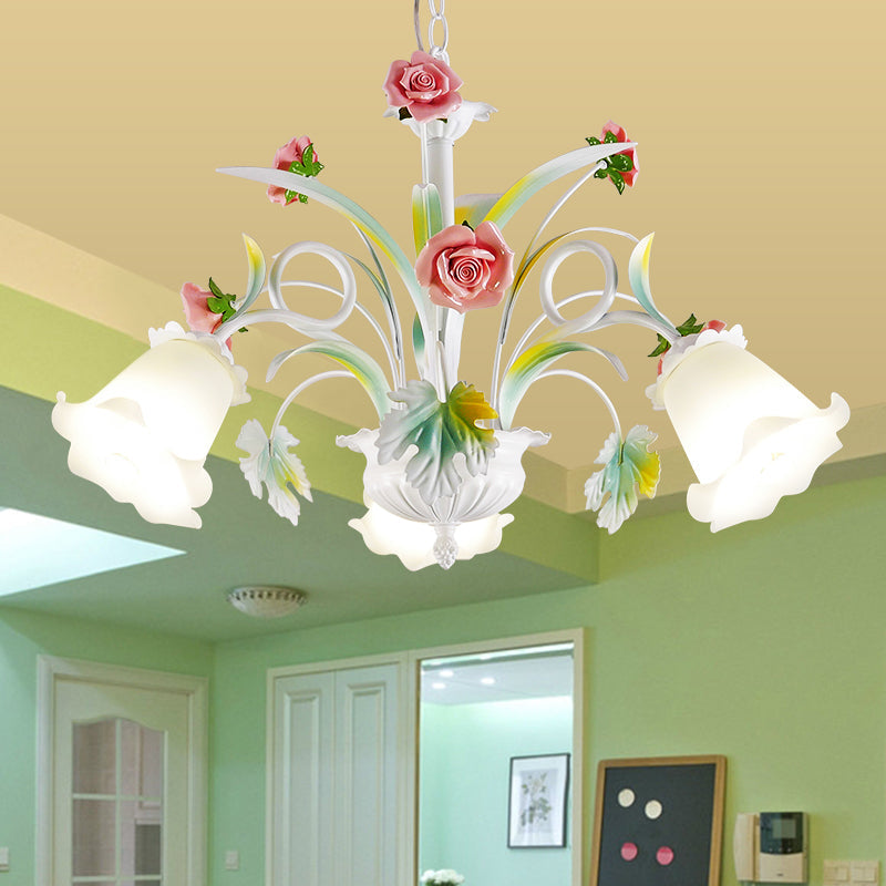 White Glass Rose Chandelier Light Countryside 3 Bulbs - Rebooters