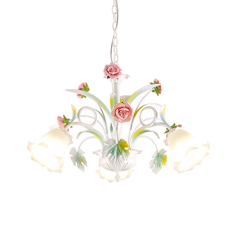 White Glass Rose Chandelier Light Countryside 3 Bulbs - Rebooters