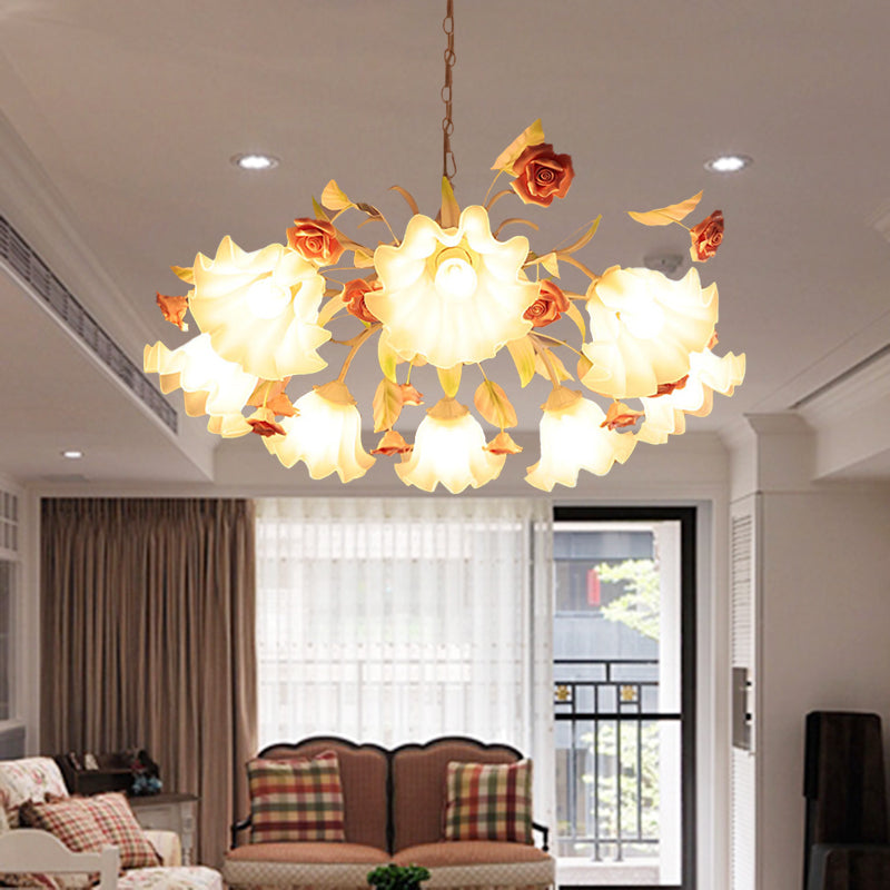 White Glass Scalloped Chandelier Lamp Korean Flower 9 Bulbs - Rebooters