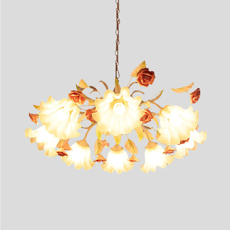 White Glass Scalloped Chandelier Lamp Korean Flower 9 Bulbs - Rebooters