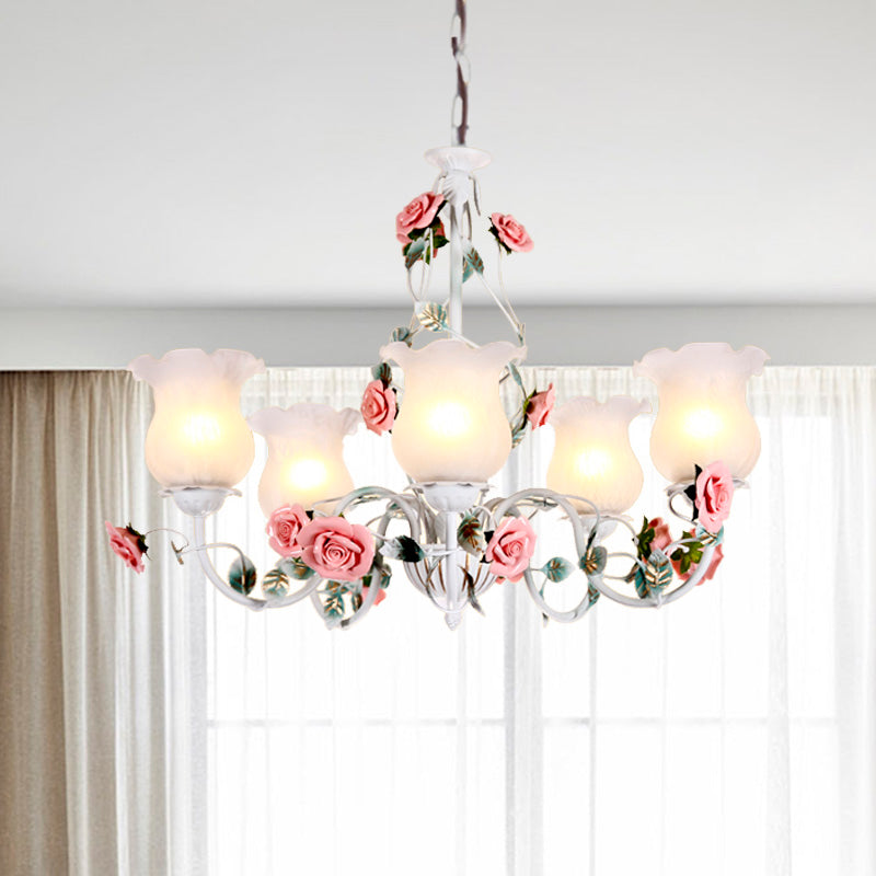 Metal White Chandelier Light Fixture Curvy Arm 3 Bulbs Pastoral Rose - Rebooters
