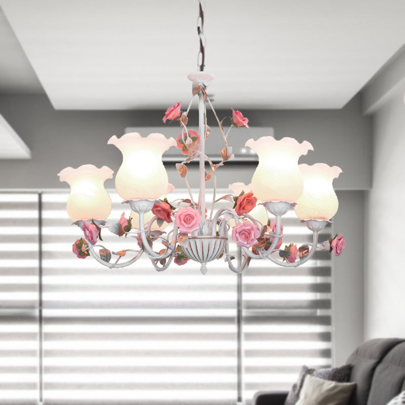 Metal White Chandelier Light Fixture Curvy Arm 3 Bulbs Pastoral Rose - Rebooters